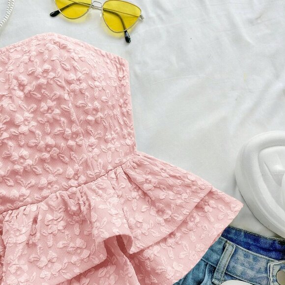 Baby Pink Boho Women's Vacation Jacquard Tie Backless Tube Top - Picture 3 of 6